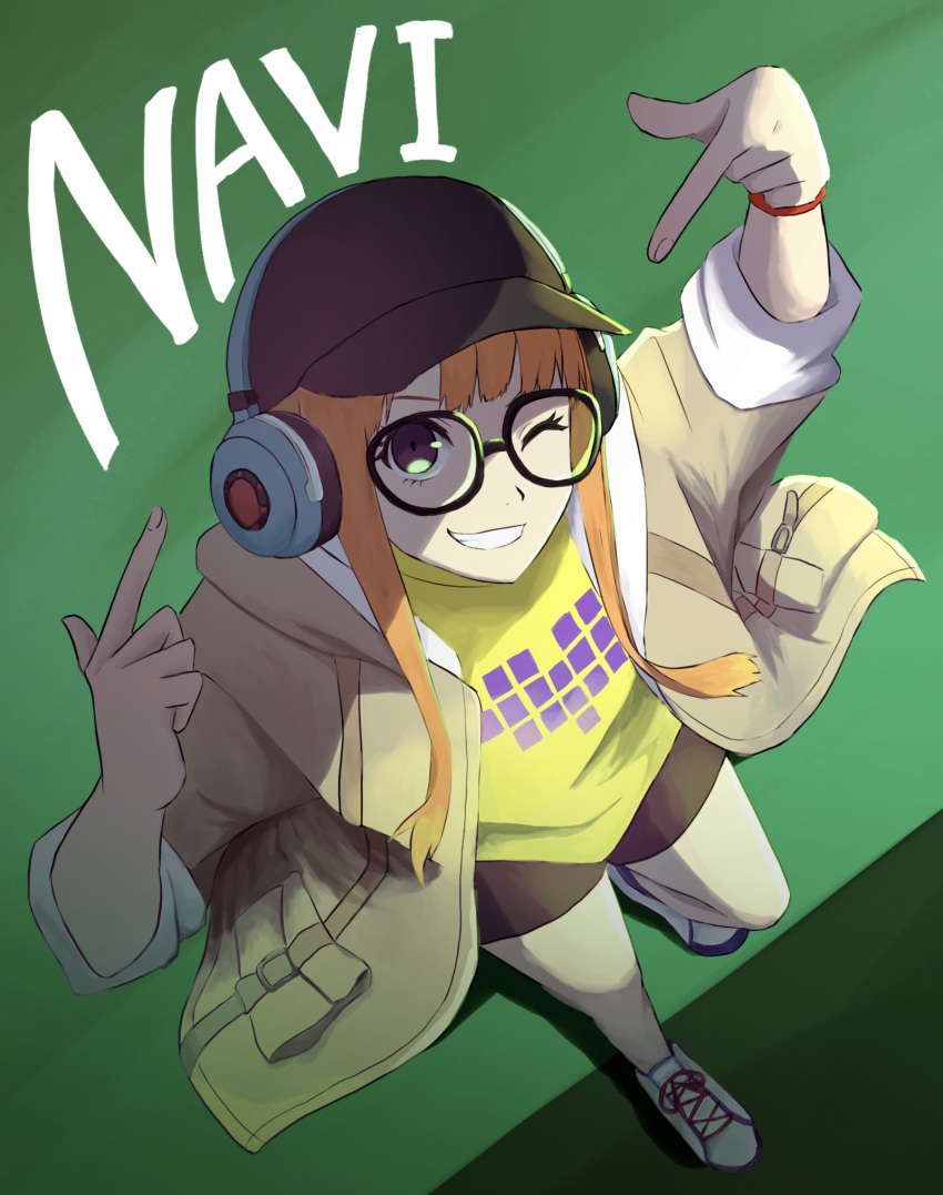 1girl arms_up bangs black_headwear black_shorts blue_footwear blunt_bangs coat glasses green_background green_coat hand_up happy hat headphones headphones_over_headwear heart highres hime_cut long_hair looking_at_viewer looking_up one_eye_closed open_mouth orange_hair persona persona_5 persona_5_scramble:_the_phantom_strikers pixel_heart pointing pointing_at_self pppppknw sakura_futaba shirt shoes short_shorts shorts simple_background sleeves_rolled_up smile sneakers solo t-shirt teeth two-tone_background violet_eyes wall yellow_shirt