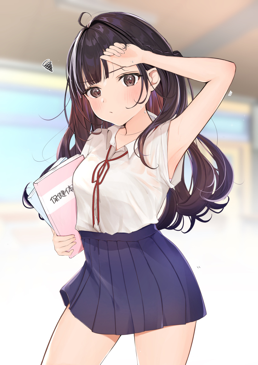 1girl :o absurdres arm_up armpits bangs bare_arms black_hair blue_skirt blurry blurry_background blush braid breasts brown_eyes closed_mouth collarbone collared_shirt contrapposto cowboy_shot hand_on_own_forehead highres holding long_hair looking_at_viewer medium_breasts multicolored_hair neck_ribbon original pleated_skirt red_ribbon redhead ribbon shirt shirt_tucked_in skirt solo sweat uiri-na white_hair white_shirt