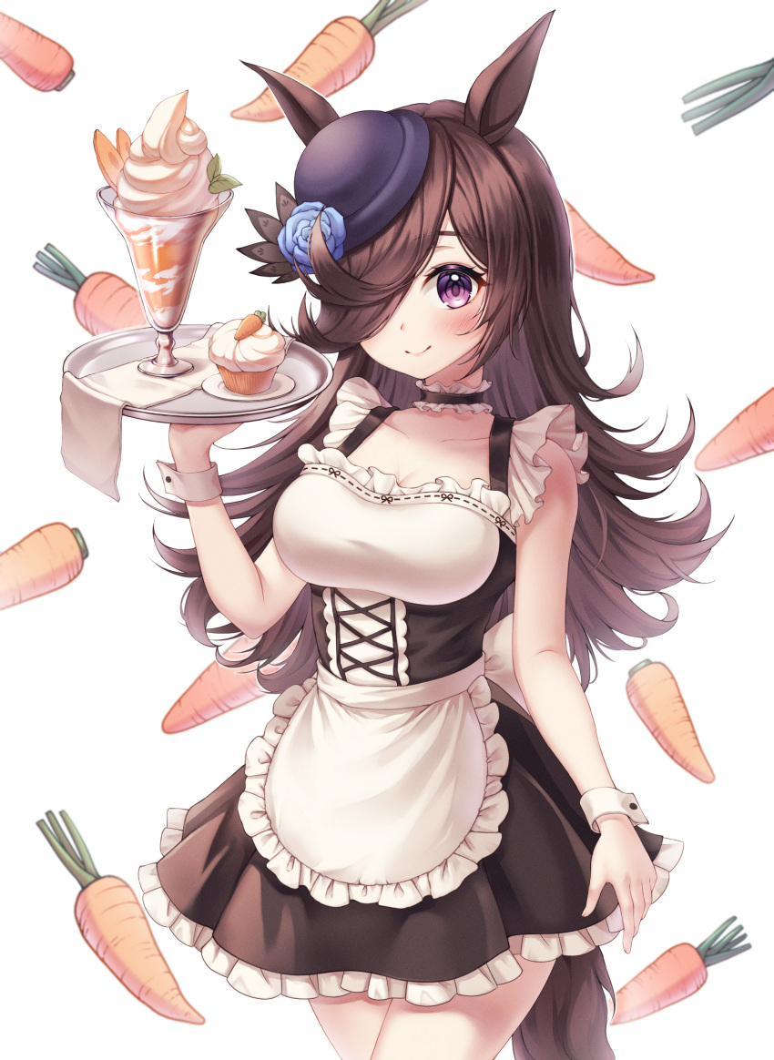 1girl absurdres animal_ears apron blue_flower blue_rose blush breasts brown_hair carrot choker closed_mouth collarbone cowboy_shot cream cupcake dessert dress flower food food-themed_background frilled_choker frilled_dress frills hair_over_one_eye hat hat_flower highres holding holding_tray horse_ears horse_girl horse_tail huge_filesize ice_cream ice_cream_cup kuca_(ku_ca18) long_hair maid maid_apron medium_breasts rice_shower_(umamusume) rose smile solo tail tray umamusume violet_eyes wrist_cuffs