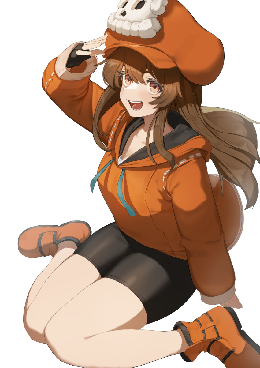 1girl bare_legs bike_shorts black_shorts brown_eyes brown_hair cabbie_hat fingerless_gloves flasso full_body gloves guilty_gear guilty_gear_strive hair_between_eyes hat highres hood hood_down hoodie jacket long_hair long_sleeves looking_at_viewer may_(guilty_gear) on_floor open_mouth orange_jacket pirate_hat salute shoes shorts sitting skull_and_crossbones solo white_background