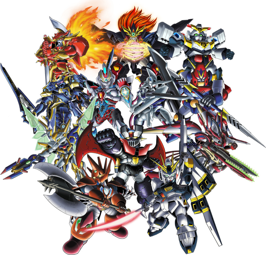 axe beam_saber chainsaw char's_counterattack choudenji_robo_combattler_v clenched_hand code_geass code_geass:_fukkatsu_no_lelouch crossover dann_of_thursday double-blade fiery_wings genesic_gaogaigar getter_robo glowing glowing_eyes gridman_(ssss) gridman_universe gundam gunxsword hands_together highres holding holding_axe holding_sword holding_weapon ikaruga_(knight's_&amp;_magic) j-decker knight's_&amp;_magic lancelot_sin looking_up magic_knight_rayearth majestic_prince mazinger_(series) mazinger_z mazinger_z:_infinity mazinger_z_(mecha) mecha multiple_crossover no_humans nu_gundam official_art orange_hair pink_eyes rayearth_(character) red_eyes red_five science_fiction shin_getter_dragon shin_getter_robo ssss.gridman super_robot super_robot_wars super_robot_wars_30 sword transparent_background v-fin weapon wings yellow_eyes yuusha_keisatsu_j-decker yuusha_ou_gaogaigar yuusha_ou_gaogaigar_final yuusha_series