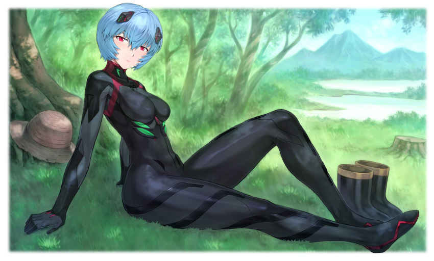 1girl ayanami_rei black_bodysuit blush bodysuit breasts grass highres impossible_bodysuit impossible_clothes looking_at_viewer medium_breasts mogudan neon_genesis_evangelion outdoors pilot_suit rebuild_of_evangelion red_eyes shiny shiny_clothes shiny_hair short_hair sitting skin_tight solo