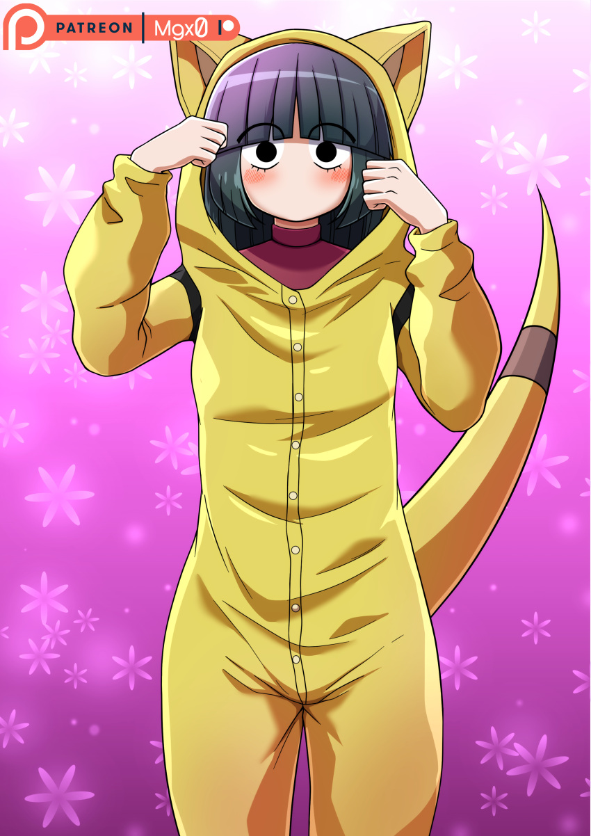 1girl abra absurdres animal_ears artist_name black_hair buttons crossover english_text gen_1_pokemon gym_leader highres komi-san_wa_komyushou_desu long_hair mgx0 pajamas patreon_logo pokemon pokemon_(game) pokemon_rgby purple_background red_eyes sabrina_(pokemon) tail