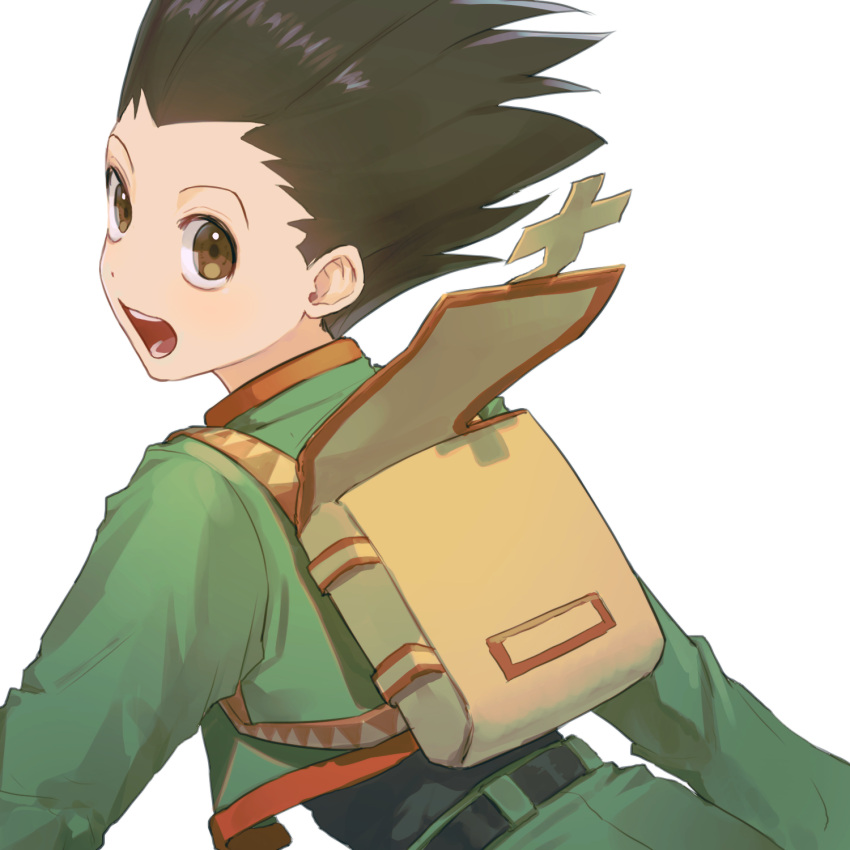 1boy :d backpack bag belt black_belt black_hair brown_bag brown_eyes commentary gon_freecss green_jacket highres hunter_x_hunter jacket long_sleeves looking_at_viewer looking_back male_focus mmo_(mmo_omm938) open_bag open_mouth short_hair simple_background smile solo spiky_hair teeth upper_body white_background