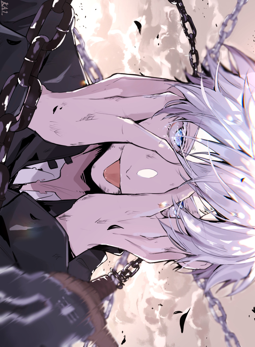 1boy bangs black_jacket blue_eyes chain gojou_satoru hair_between_eyes hands_on_own_face hands_up highres jacket jujutsu_kaisen ka1_(user_hkdw4252) knife long_sleeves looking_at_viewer male_focus portrait rotated short_hair solo tongue tongue_out white_hair