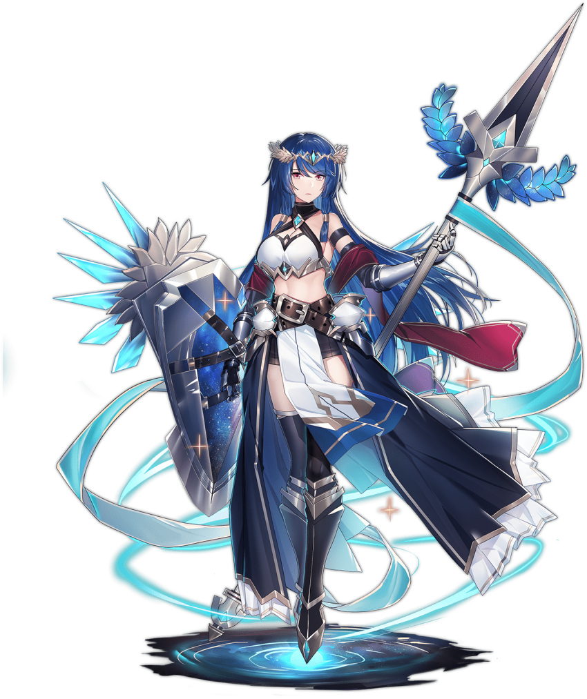 1girl ark_order armor armored_boots athena_(ark_order) bangs belt black_footwear black_legwear black_shorts blue_hair boots echj gauntlets highres holding holding_polearm holding_shield holding_spear holding_weapon laurel_crown long_hair looking_at_viewer official_art pelvic_curtain polearm red_eyes shield shorts sidelocks solo sparkle spear tachi-e tank_top thigh-highs transparent_background very_long_hair weapon white_tank_top