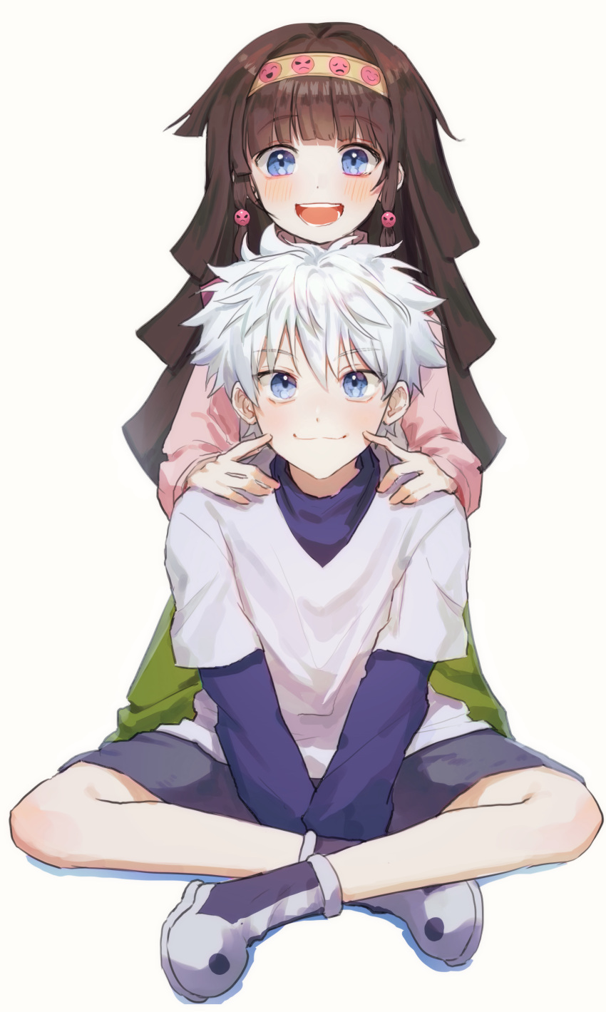 1boy 1girl :d absurdres alluka_zoldyck bangs black_hair blue_eyes blue_shirt blunt_bangs blush brother_and_sister brown_headband closed_mouth commentary eyebrows_visible_through_hair hands_on_another's_shoulders happy headband highres hunter_x_hunter indian_style japanese_clothes killua_zoldyck layered_sleeves long_hair long_sleeves looking_at_viewer messy_hair mmo_(mmo_omm938) multi-tied_hair open_mouth purple_footwear purple_shorts shirt shoes short_over_long_sleeves short_sleeves shorts siblings simple_background sitting smile spiky_hair standing white_background white_hair white_shirt
