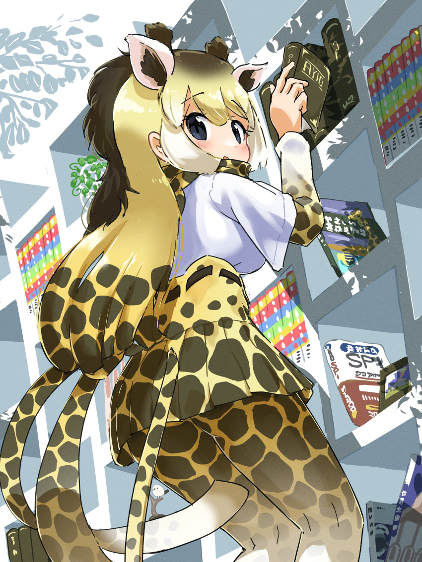 1girl absurdres animal_ears blonde_hair blue_eyes book bookshelf brown_hair commentary_request extra_ears eyebrows_visible_through_hair from_below giraffe_ears giraffe_horns giraffe_print giraffe_tail highres horns iwa_(iwafish) kemono_friends long_hair long_sleeves looking_at_viewer multicolored_hair pantyhose pleated_skirt print_legwear print_neckwear print_skirt print_sleeves reticulated_giraffe_(kemono_friends) scarf shirt short_sleeves skirt solo t-shirt tail white_shirt