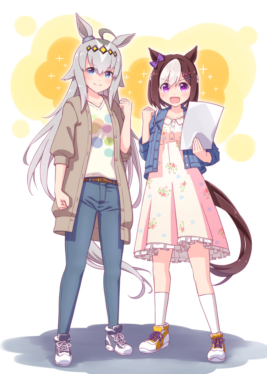 2girls :d ahoge animal_ears bangs blue_jacket blue_pants bow brown_hair brown_jacket clenched_hand closed_mouth commentary_request denim denim_jacket dress eyebrows_visible_through_hair floral_print frilled_dress frills grey_footwear grey_hair hair_between_eyes hair_ornament hairclip hand_up highres horse_ears horse_girl horse_tail jacket jeans long_hair multicolored_hair multiple_girls oguri_cap_(umamusume) open_clothes open_jacket open_mouth pants pleated_dress print_dress purple_bow sansei_rain shirt shoes smile socks sparkle special_week_(umamusume) standing tail two-tone_hair umamusume v-shaped_eyebrows very_long_hair white_dress white_hair white_legwear white_shirt yellow_footwear
