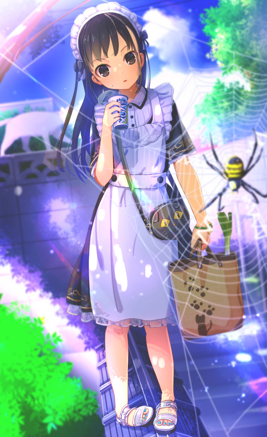 1girl abo_(kawatasyunnnosukesabu) animal bag black_eyes black_hair blurry bug cat commentary day depth_of_field handbag highres holding long_hair maid original outdoors personification sandals silk spider spider_web sweat