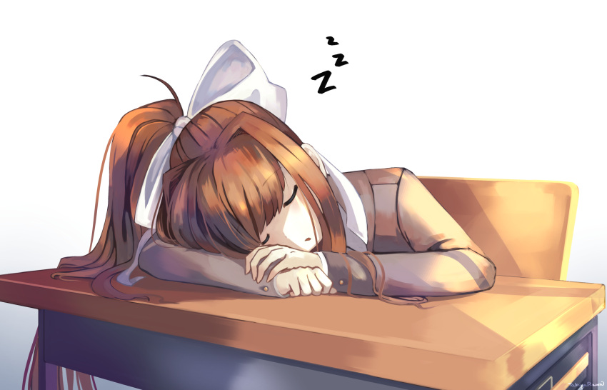 1girl bangs brown_hair closed_eyes commentary desk doki_doki_literature_club grey_jacket hair_ribbon highres jacket long_hair long_sleeves monika_(doki_doki_literature_club) ponytail ribbon school_desk school_uniform simple_background sleeping solo takuyarawr white_background white_ribbon zzz