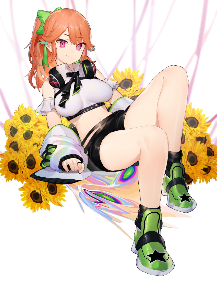 1girl absurdres bare_shoulders black_shorts boots bow breasts collared_shirt crop_top flower hair_bow headphones headphones_around_neck highres hololive hololive_english jacket large_breasts long_hair looking_at_viewer midriff neck_ribbon neonbeat off_shoulder open_clothes open_jacket orange_hair pink_eyes ponytail puffy_sleeves ribbon shirt short_shorts shorts sleeveless sleeveless_shirt smile solo sunflower takanashi_kiara thighs virtual_youtuber white_jacket white_shirt