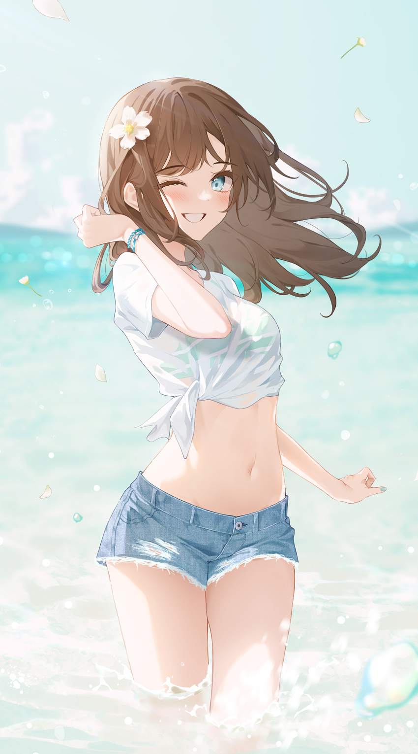 1girl ;d aqua_hair bangs bikini bikini_under_clothes blue_eyes blue_shorts blurry blurry_background blush breasts brown_hair commentary connie_(keean2019) crop_top cutoffs day denim denim_shorts depth_of_field eyebrows_visible_through_hair floating_hair grin hand_up highres long_hair looking_at_viewer medium_breasts midriff navel one_eye_closed open_mouth original outdoors see-through shirt short_shorts short_sleeves shorts side-tie_shirt small_breasts smile solo stomach striped striped_bikini summer sunlight swimsuit teeth thighs tied_shirt wading water water_drop wet wet_clothes wet_shirt white_shirt wristband