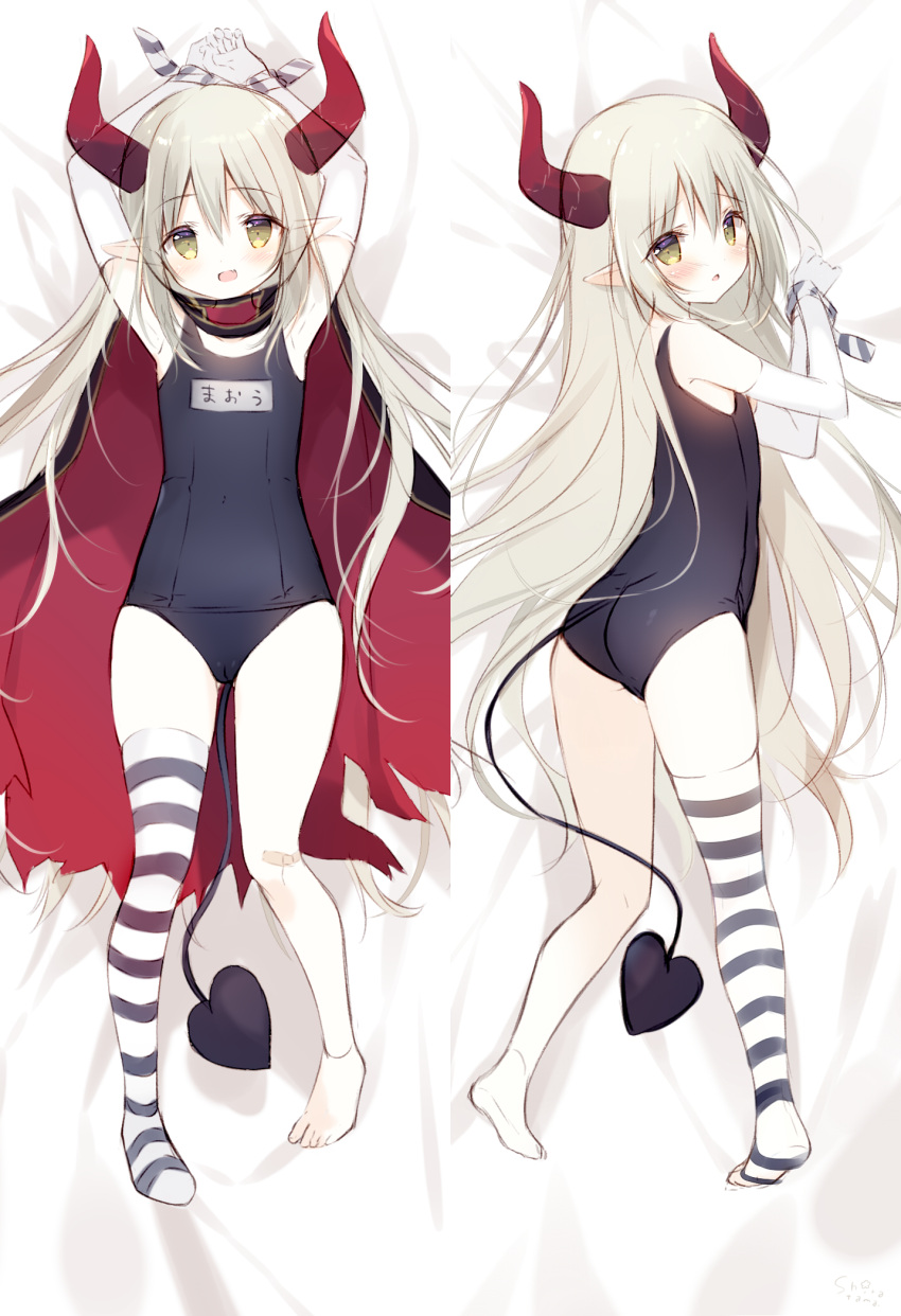 1girl arms_up ass bangs bare_shoulders barefoot bed_sheet black_swimsuit blush brown_eyes cape commentary_request curled_horns dakimakura_(medium) demon_girl demon_horns demon_tail elbow_gloves emma_august eyebrows_visible_through_hair gloves grey_hair hair_between_eyes highres horns looking_at_viewer lying multiple_views nijisanji old_school_swimsuit on_back on_side open_mouth pointy_ears red_cape school_swimsuit shiratama_(shiratamaco) single_thighhigh striped striped_legwear swimsuit tail thigh-highs torn_cape torn_clothes virtual_youtuber white_gloves