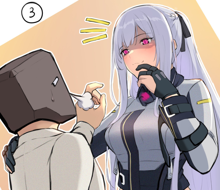 1boy 1girl 3_small_spiders ak-12_(girls_frontline) bangs black_gloves blush braid closed_mouth girls_frontline gloves hand_on_another's_shoulder highres long_hair long_sleeves looking_at_another partially_fingerless_gloves ponytail shaded_face shirt sidelocks silver_hair smile two-tone_background white_shirt