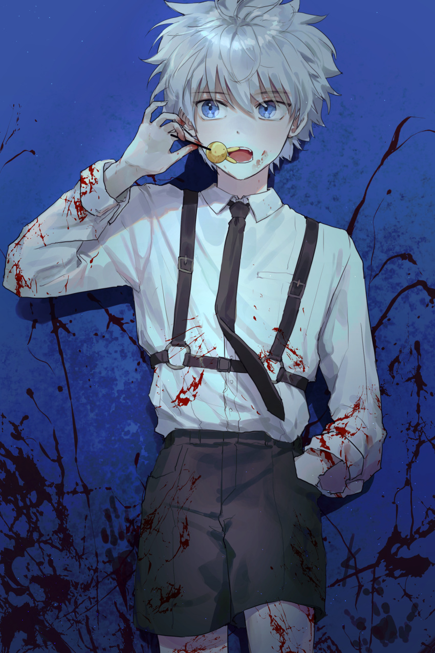 1boy absurdres black_neckwear black_shorts blood blood_on_face blood_splatter bloody_clothes blue_background blue_eyes buttons candy collared_shirt commentary dress_shirt food hand_in_pocket hand_up harness highres holding holding_candy holding_food hunter_x_hunter killua_zoldyck lollipop looking_to_the_side male_focus messy_hair mmo_(mmo_omm938) necktie open_mouth shirt shirt_tucked_in shorts sideways_glance solo spiky_hair standing teeth white_hair white_shirt