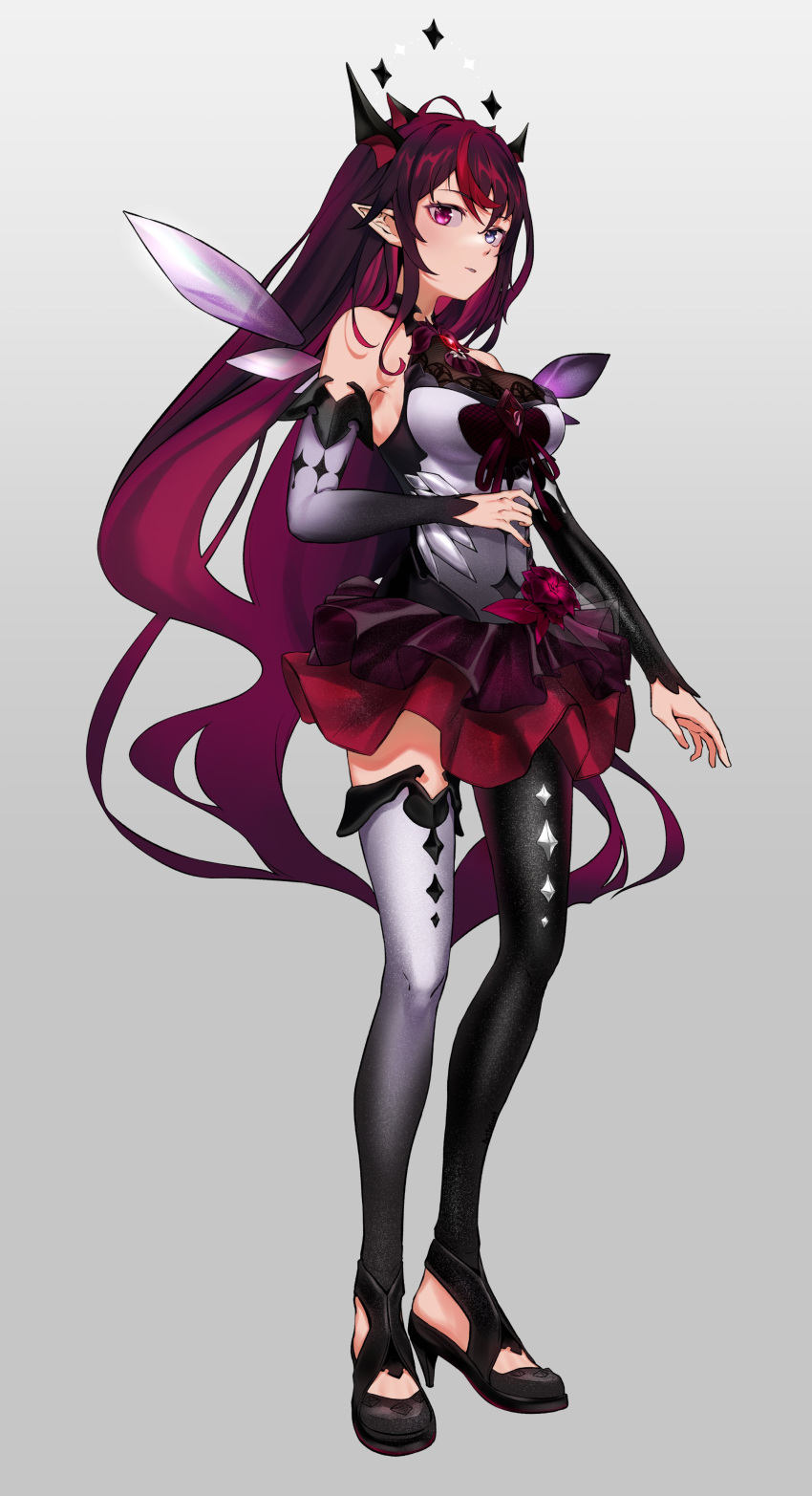 1girl absurdres artpatient black_footwear blue_eyes breasts detached_sleeves detached_wings from_side halo hand_on_own_stomach heterochromia high_heels highres hololive hololive_english horns irys_(hololive) long_hair looking_at_viewer medium_breasts open_hand parted_lips pointy_ears purple_hair single_legging single_thighhigh solo standing thigh-highs very_long_hair violet_eyes virtual_youtuber wings