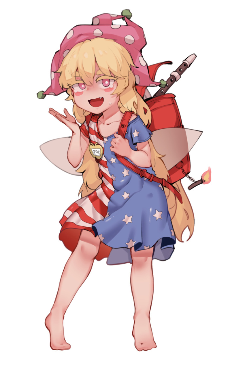 1girl american_flag_dress backpack bag barefoot blonde_hair blush_stickers clownpiece doro_au fairy_wings fang full_body hat highres jester_cap looking_at_viewer open_mouth pink_eyes pink_headwear polka_dot randoseru simple_background smile solo stnading touhou white_background wings