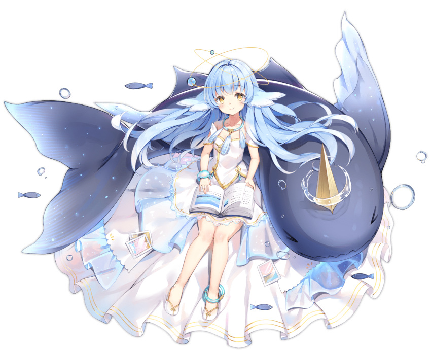 &gt;_&lt; 1girl anklet ark_order artist_request bangs blue_hair blue_scrunchie book book_on_lap bubble detached_sleeves dress fish halo head_fins horns jewelry kuen_(ark_order) liquid_halo long_hair looking_at_viewer narwhal necklace official_art open_book scrunchie short_sleeves single_horn sitting smile solo tassel transparent_background very_long_hair white_dress white_footwear wrist_scrunchie yellow_eyes