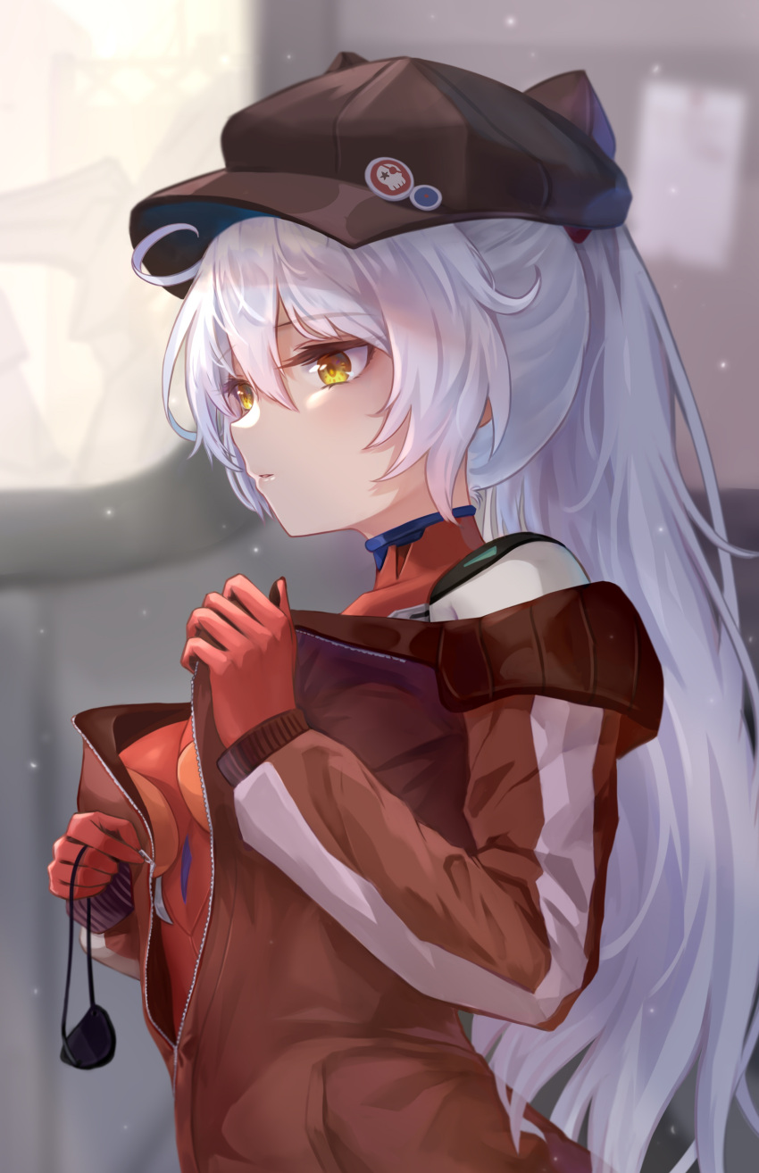 1girl absurdres badge black_eyepatch blurry blurry_background breasts brown_headwear button_badge cosplay eyepatch fingernails grey_hair hair_between_eyes hat highres holding holding_eyepatch honkai_(series) honkai_impact_3rd kiana_kaslana large_breasts long_hair mecha neon_genesis_evangelion paper parted_lips plugsuit ponytail solo souryuu_asuka_langley souryuu_asuka_langley_(cosplay) turtleneck undressing window yelan_xing_xuan yellow_eyes zipper zipper_pull_tab