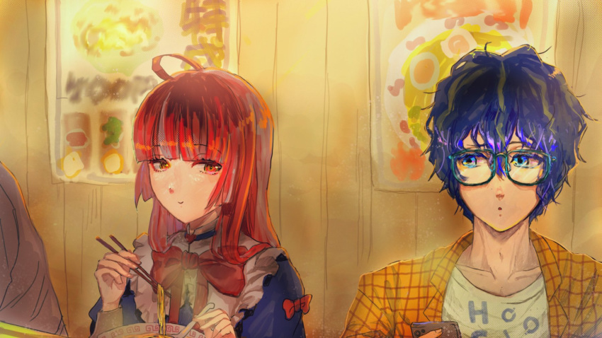 1boy 1girl ahoge astel_leda bangs blonde_hair blue_eyes blue_hair bow cellphone chopsticks collarbone commentary food glasses heterochromia highres hime_cut holding holding_chopsticks hololive hololive_english holostars kaina_nanika kureiji_ollie large_bow long_hair looking_at_another multicolored_hair noodles olivia_(kureiji_ollie) open_mouth phone ramen red_bow red_eyes redhead smartphone smile virtual_youtuber yellow_eyes