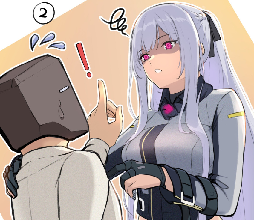 ! 1boy 1girl 3_small_spiders ak-12_(girls_frontline) bangs black_gloves braid flying_sweatdrops girls_frontline gloves hand_on_another's_shoulder highres index_finger_raised long_hair long_sleeves looking_at_another partially_fingerless_gloves ponytail shaded_face shirt sidelocks silver_hair two-tone_background white_shirt