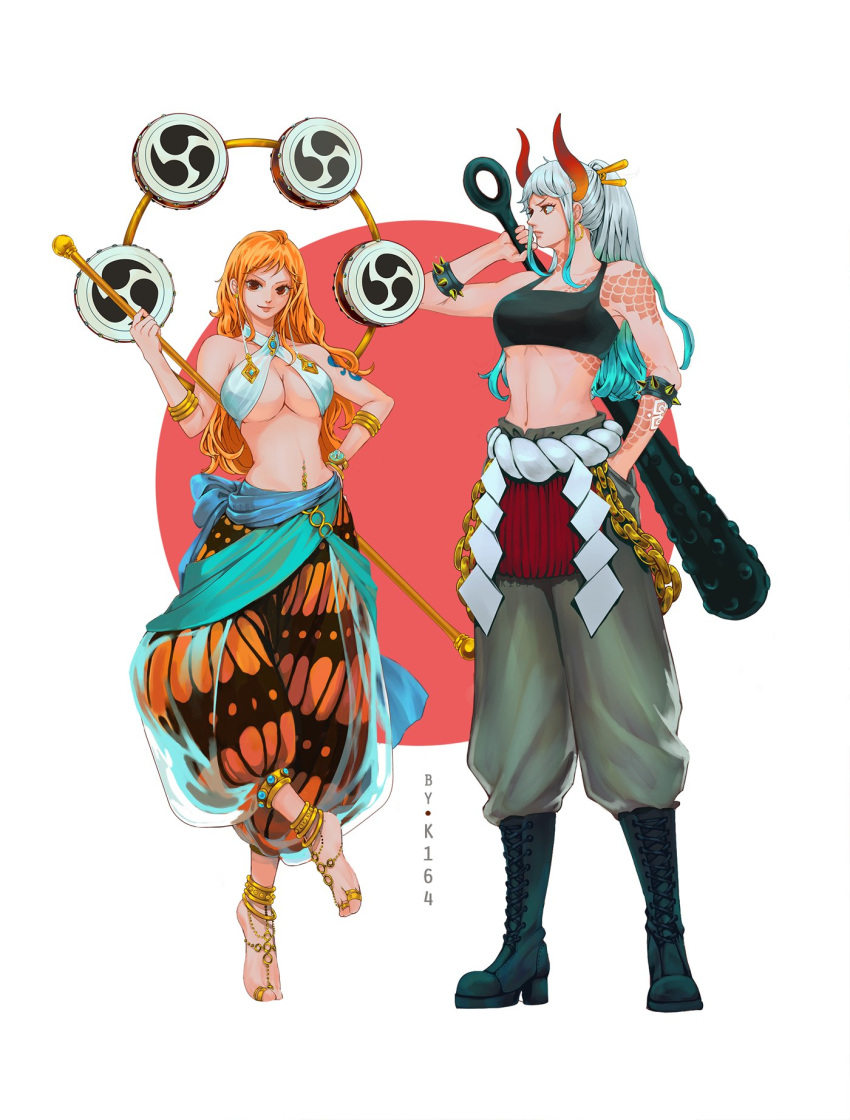 2girls arm_tattoo arm_up armlet artist_name baggy_pants bare_shoulders boots breasts chain club commentary cosplay curled_horns enel enel_(cosplay) full_body green_hair grey_hair hair_ornament hair_stick hand_in_pocket hand_on_hip hand_up height_difference high_ponytail highres horns jewelry k164 kaidou_(one_piece) kaidou_(one_piece)_(cosplay) kanabou large_breasts log_pose long_hair multicolored_hair multicolored_horns multiple_girls nami_(one_piece) navel neck_tattoo one_piece oni orange_hair orange_horns over_shoulder pants pocket red_horns rope shimenawa spiked_armlet spikes sports_bra standing standing_on_one_leg stomach stomach_tattoo symbol_commentary tattoo tiptoes toes two-tone_hair weapon weapon_over_shoulder yamato_(one_piece)