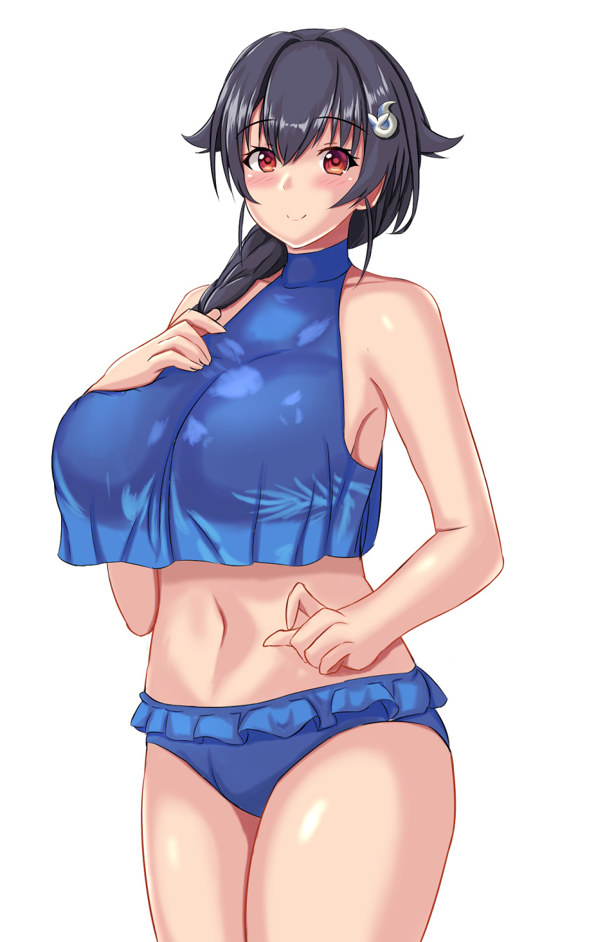 1girl bikini black_hair blue_bikini braid breasts cowboy_shot frilled_bikini frills hair_flaps hair_ornament hair_over_shoulder hairclip highres huge_breasts jingei_(kancolle) kantai_collection long_hair looking_at_viewer low_ponytail montemasa red_eyes simple_background single_braid smile solo standing swimsuit turtleneck white_background