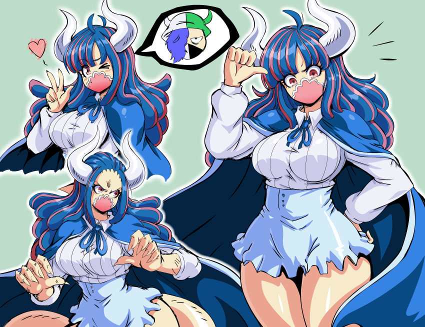 1girl angry blue_cape blue_hair bocodamondo breasts cape curled_horns dinosaur_girl dinosaur_tail fingernails heart high-waist_skirt highres horns large_breasts long_hair long_sleeves mask mouth_mask multicolored_hair one_eye_closed one_piece page_one_(one_piece) pink_eyes pink_hair sharp_fingernails shirt skirt solo speech_bubble spoken_character tail two-tone_hair ulti_(one_piece) v