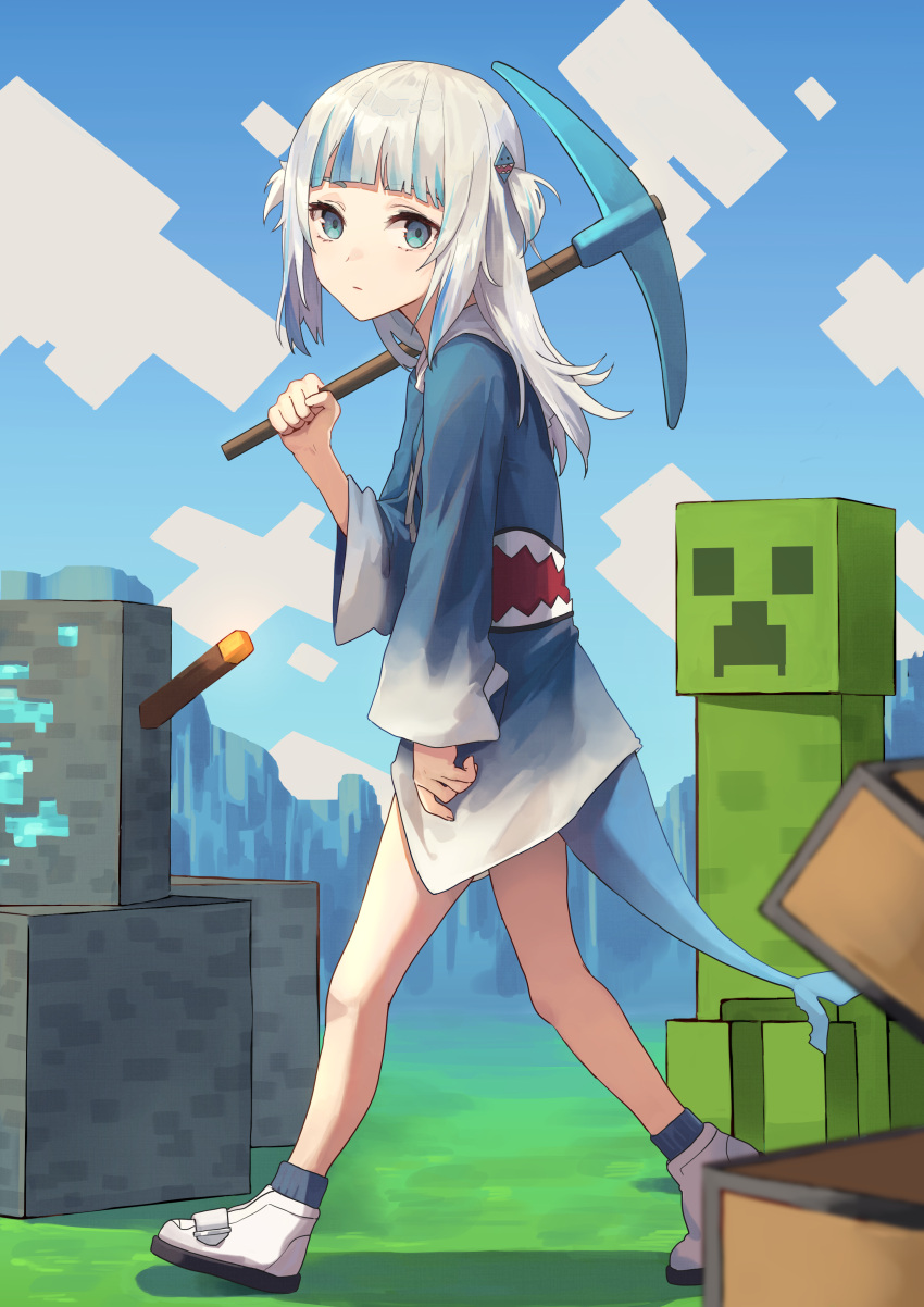 1girl 7aehyun absurdres bangs blue_eyes blue_hair blue_hoodie blunt_bangs creeper dot_mouth fish_tail from_side gawr_gura grey_background hair_ornament highres hololive hololive_english hood hoodie long_hair long_sleeves looking_at_viewer minecraft multicolored_hair pickaxe shark_girl shark_hair_ornament shark_tail shoes silver_hair sneakers solo streaked_hair tail two_side_up virtual_youtuber walking white_footwear