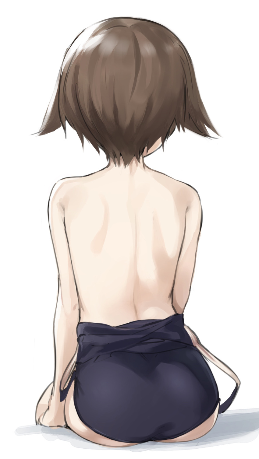 1girl absurdres ass back bare_shoulders brown_hair clothes_pull fankupl from_behind hair_flaps highres miyafuji_yoshika off_shoulder partially_undressed school_swimsuit short_hair shoulder_blades sitting solo strike_witches swimsuit swimsuit_pull white_background world_witches_series