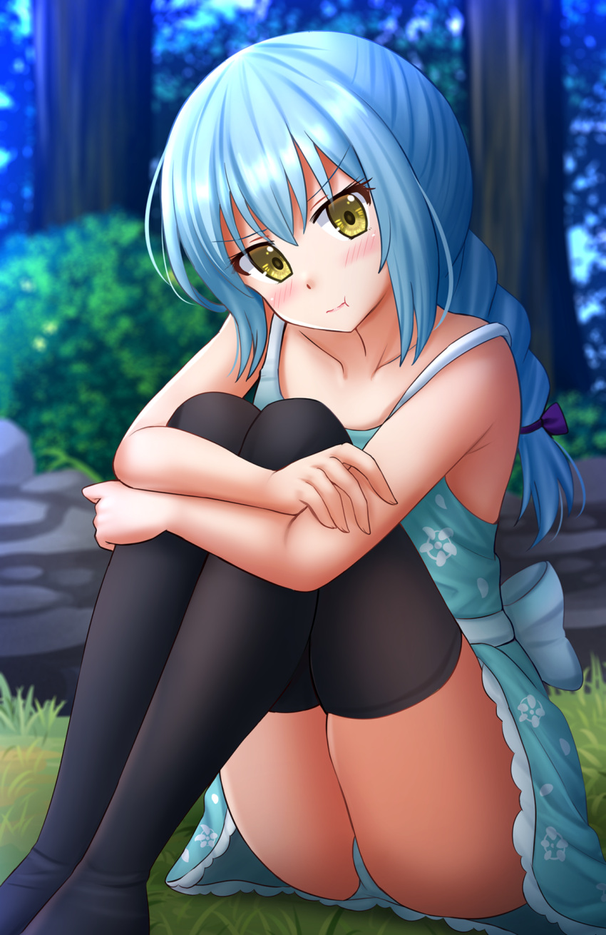 1other :t ass bangs bare_arms bare_shoulders black_legwear blue_dress blue_hair blue_panties blurry blurry_background blush braid closed_mouth collarbone commentary day depth_of_field dress eyebrows_visible_through_hair feet_out_of_frame hair_between_eyes highres kazenokaze knees_up long_hair looking_at_viewer nature no_shoes on_grass other_focus outdoors panties pout rimuru_tempest single_braid sitting sleeveless sleeveless_dress solo tensei_shitara_slime_datta_ken thigh-highs tree underwear yellow_eyes