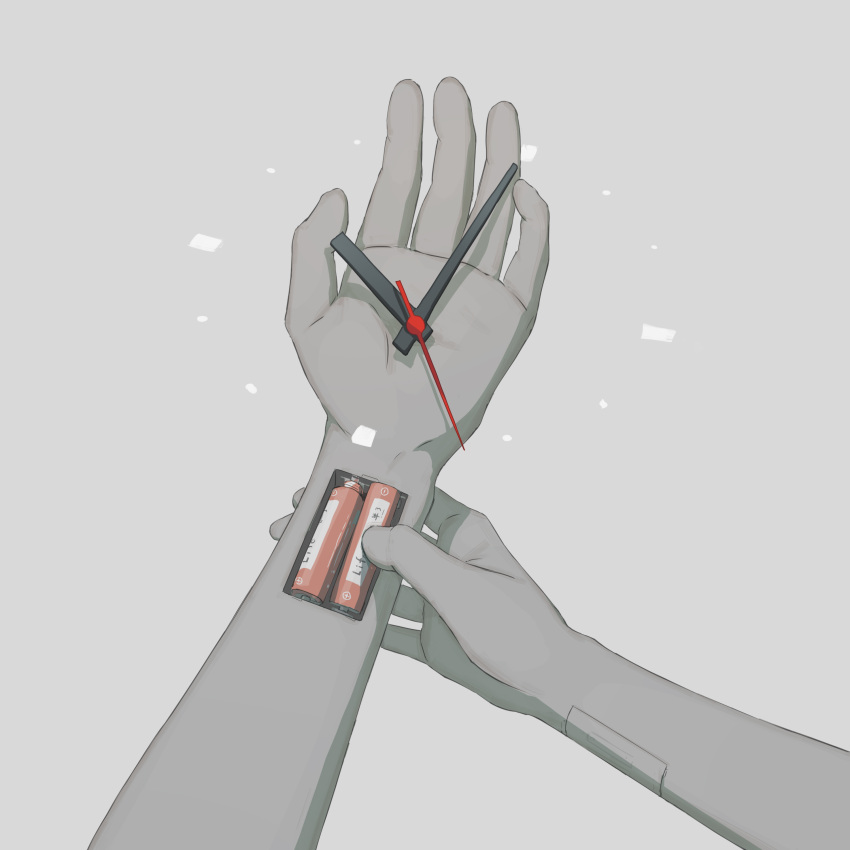 1other absurdres avogado6 battery clock commentary_request grey_background highres holding original pov pov_hands simple_background solo symbolism