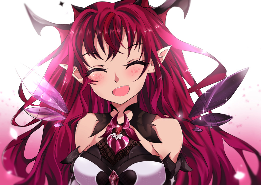 1girl absurdres bangs bare_shoulders black_dress blue_eyes breasts brooch closed_eyes detached_sleeves dress eyebrows_visible_through_hair facing_viewer hair_between_eyes heterochromia highres hololive hololive_english horns irys_(hololive) jewelry long_hair multicolored_hair open_mouth pointy_ears purple_hair smile solo two-tone_dress two-tone_hair violet_eyes virtual_youtuber white_dress wings zerosketchbook