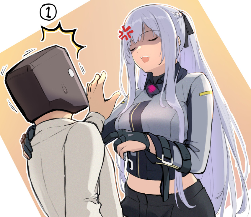 1boy 1girl 3_small_spiders ak-12_(girls_frontline) anger_vein bangs black_gloves braid closed_eyes girls_frontline gloves hand_on_another's_shoulder highres long_hair long_sleeves open_mouth outline partially_fingerless_gloves ponytail shaded_face shirt sidelocks silver_hair two-tone_background upper_teeth white_shirt