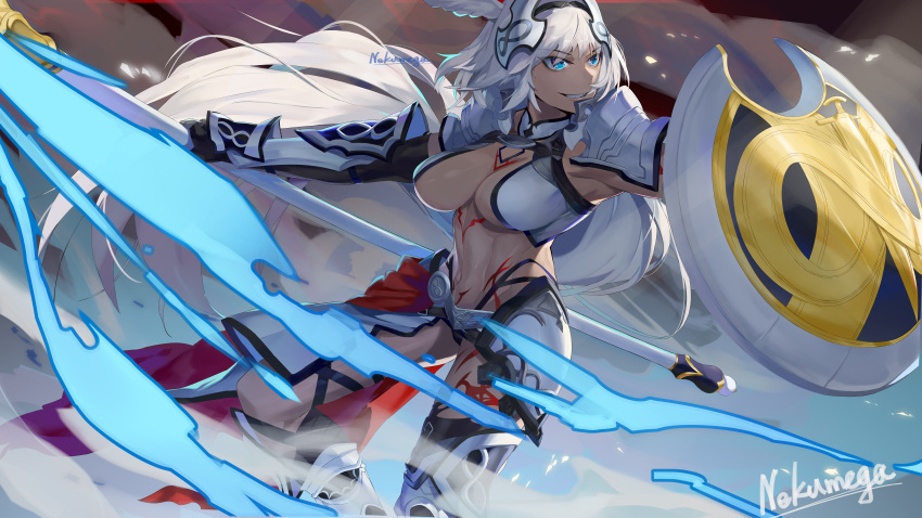 1girl abs absurdres animal_ears armor bangs bikini black_bikini black_gloves black_legwear blue_eyes blue_fire body_markings breasts caenis_(fate) cape dark_skin elbow_gloves eyebrows_visible_through_hair eyes_visible_through_hair fate/grand_order fate_(series) faulds fire gloves grey_background hair_intakes headpiece highres large_breasts long_hair looking_at_viewer navel nekumega parted_lips pauldrons polearm ponytail red_cape shield shoulder_armor smile solo spear swimsuit tattoo thigh-highs thigh_gap waist_cape weapon white_hair
