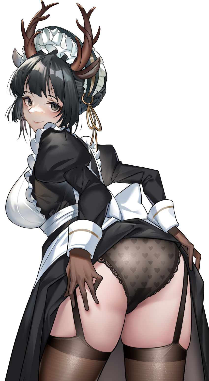 1girl absurdres animal_ears antlers apron arknights ass black_eyes black_hair black_legwear black_panties blush bonnet bow braid breasts brown_gloves closed_mouth clothes_lift commentary cowboy_shot deer_ears dress dress_lift from_behind garter_straps gloves heart heart_print highres juliet_sleeves lace-trimmed_panties lace_trim large_breasts lifted_by_self lips long_sleeves looking_at_viewer looking_back maid maid_apron maid_headdress mili_(pixiv24297867) official_alternate_costume panties print_panties puffy_sleeves short_hair simple_background smile solo thigh-highs thighs tsukinogi_(arknights) tsukinogi_(londinium_style_miko)_(arknights) underwear white_background white_bow