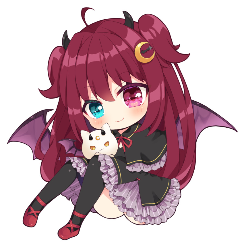 1girl ahoge animal bangs black_capelet black_dress black_legwear blue_eyes capelet cat closed_mouth commentary_request crescent crescent_hair_ornament demon_girl demon_horns demon_wings dress eyebrows_visible_through_hair frilled_capelet frills hair_between_eyes hair_ornament heterochromia horns knees_up maki_soutoki nijisanji purple_hair purple_wings red_footwear shoes simple_background sitting smile solo thigh-highs two_side_up violet_eyes virtual_youtuber white_background white_cat wings yuzuki_roa