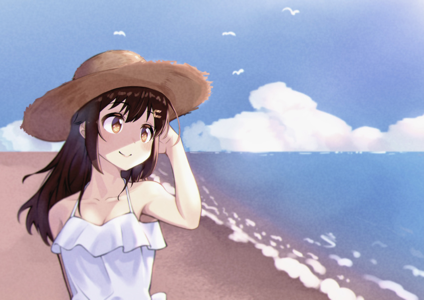 1girl absurdres bangs bare_shoulders beach blush brown_eyes brown_hair closed_mouth collarbone doradora_oekaki dress frilled_dress frills hair_ornament hairclip halter_dress halterneck hat highres holding holding_hair hololive long_hair looking_to_the_side smile solo straw_hat sun_hat sundress tokino_sora virtual_youtuber white_dress