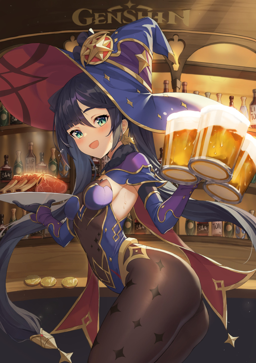 1girl absurdres alcohol ass black_hair blue_eyes breasts coin cowboy_shot cup detached_sleeves earrings elbow_gloves eyebrows_visible_through_hair food genshin_impact gloves gold hair_between_eyes hat highres holding holding_cup holding_food holding_plate indoors jewelry leotard lipton_(user_nfaw4242) looking_at_viewer medium_breasts mona_(genshin_impact) mug open_mouth plate solo sweat tongue twintails witch_hat