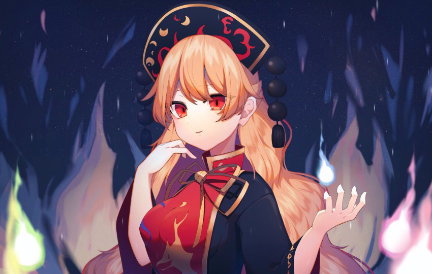 1girl bangs black_dress black_headwear black_sleeves blue_background bow breasts closed_mouth crescent dress energy eyebrows_visible_through_hair eyes_visible_through_hair hair_between_eyes hands_up hat highres ikasoba junko_(touhou) long_hair long_sleeves looking_at_viewer magic medium_breasts orange_hair pom_pom_(clothes) red_eyes red_vest smile solo touhou vest wide_sleeves yellow_bow yellow_neckwear