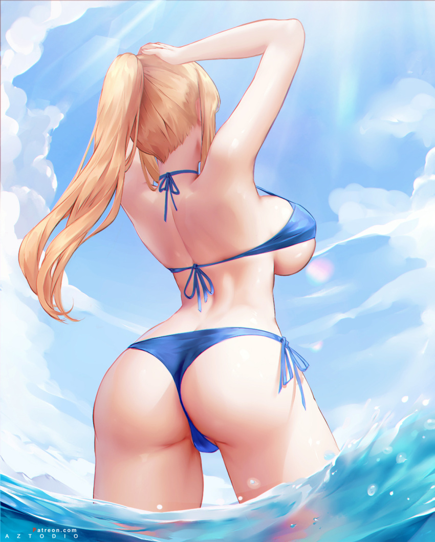 1girl arms_up ass azto_dio back blue_sky breasts highres large_breasts long_hair metroid ocean samus_aran sky solo thighs wading