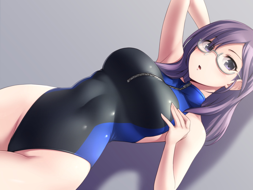 1girl black_swimsuit breasts commentary_request cowboy_shot dutch_angle front_zipper_swimsuit glasses grey_background grey_hair highres idolmaster idolmaster_cinderella_girls long_hair looking_at_viewer medium_breasts meme_attire one-piece_swimsuit pataneet semi-rimless_eyewear simple_background sleeveless solo swimsuit turtleneck violet_eyes yagami_makino