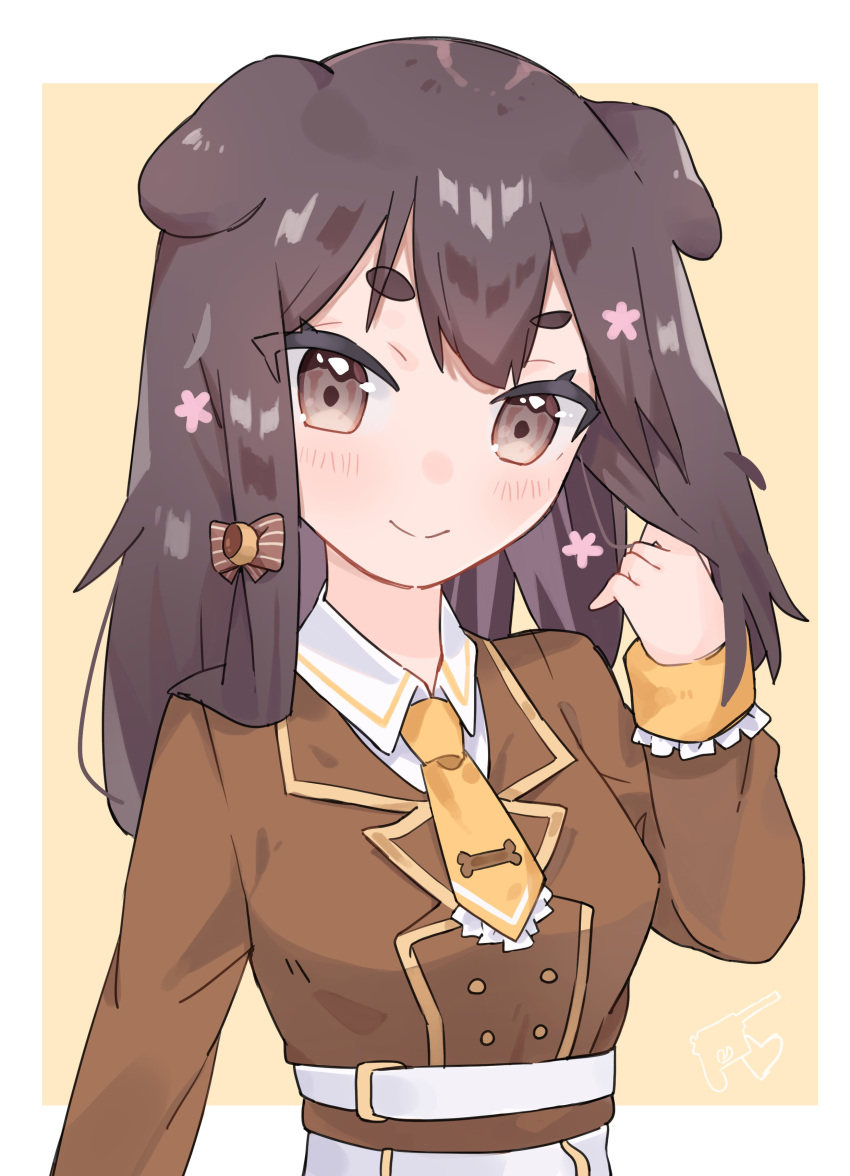 1girl absurdres animal_ears belt brown_eyes brown_hair brown_jacket collared_shirt dog_ears dog_girl english_commentary highres inukai_purin jacket lucabassiart military military_uniform necktie official_alternate_costume shirt short_eyebrows short_necktie smile solo tsunderia uniform upper_body virtual_youtuber white_belt white_shirt yellow_neckwear