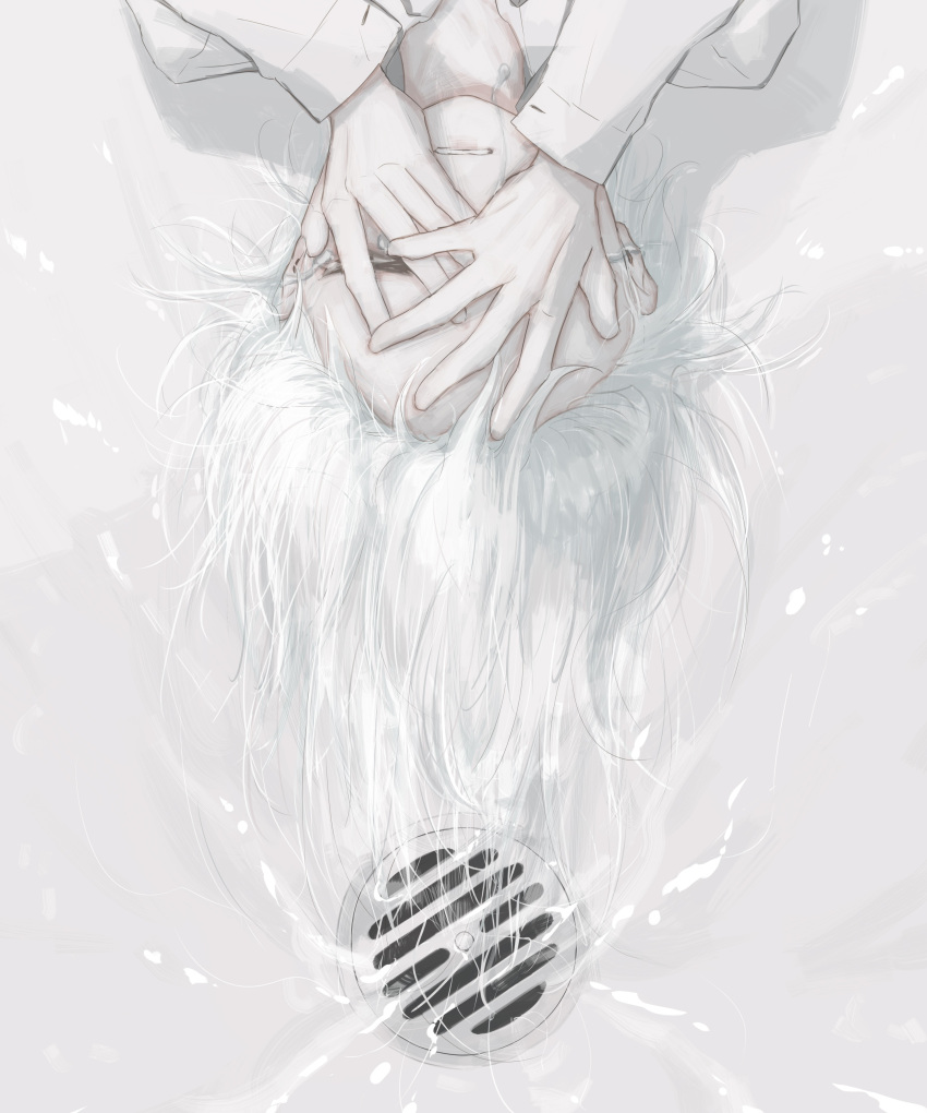 1other absurdres avogado6 closed_eyes commentary_request crying drain_(object) facing_viewer hands_up highres long_sleeves original shirt tears white_hair white_shirt white_theme
