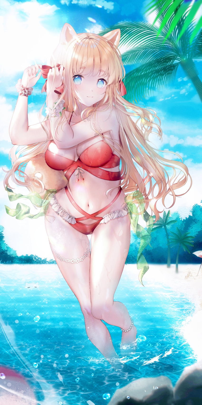 1girl absurdres animal_ears bare_arms bare_shoulders beach bikini blonde_hair blue_eyes bow breasts closed_mouth day frilled_bikini frills hair_bow highres kagefumi long_hair looking_at_viewer medium_breasts multi-strapped_bikini navel original outdoors red_bikini solo standing stomach summer sunlight swimsuit tail thighs wading water