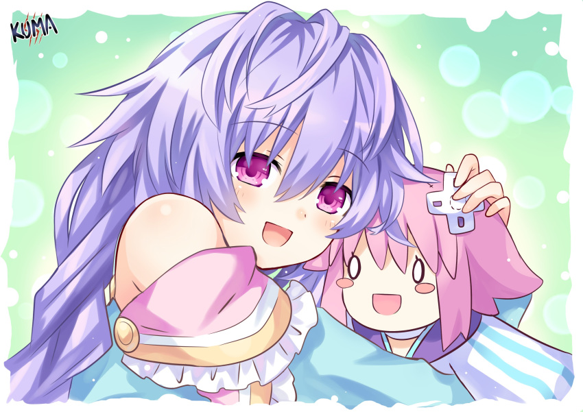 1girl :d bare_shoulders blue_dress blush blush_stickers braid braided_ponytail character_doll d-pad d-pad_hair_ornament doll_hug dress from_side hair_between_eyes hair_ornament happy highres kami_jigen_game_neptune_v lewdkuma looking_at_viewer messy_hair neptune_(neptune_series) neptune_(series) off_shoulder open_mouth pink_eyes purple_hair pururut single_braid smile solo upper_body