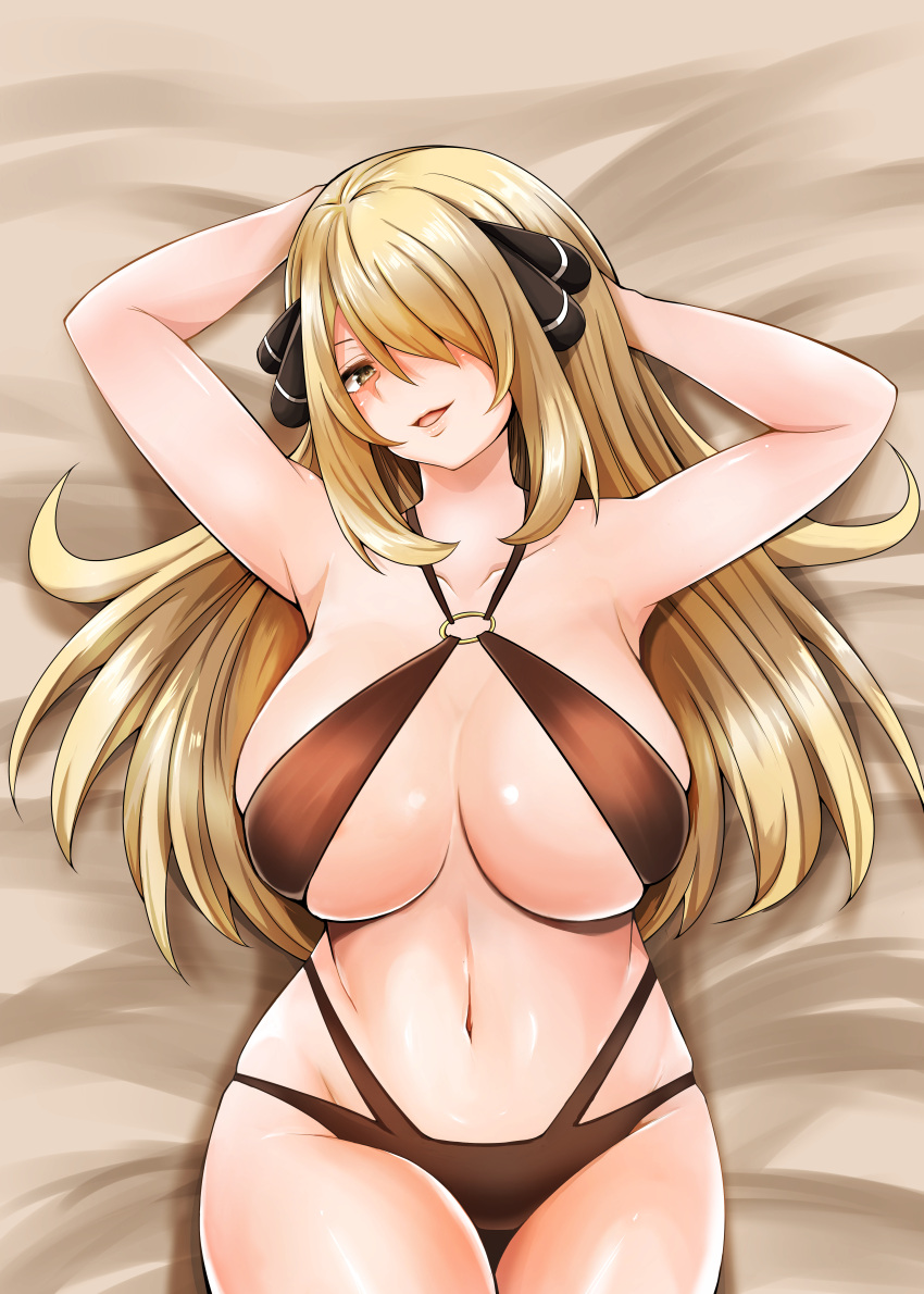 1girl absurdres adahcm armpits arms_behind_head black_swimsuit blonde_hair breasts commentary_request curvy cynthia_(pokemon) from_above grey_eyes hair_ornament hair_over_one_eye highres large_breasts lips long_hair looking_at_viewer lying navel o-ring o-ring_swimsuit on_back pokemon pokemon_(game) pokemon_dppt pov seductive_smile skindentation smile solo swimsuit wide_hips