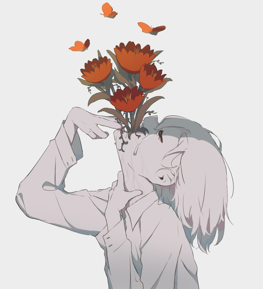 1boy absurdres avogado6 bug butterfly colored_skin crying flower flower_in_mouth from_side hand_up highres insect long_sleeves male_focus open_mouth orange_butterfly profile red_flower shirt simple_background solo tears upper_body white_background white_hair white_shirt white_skin