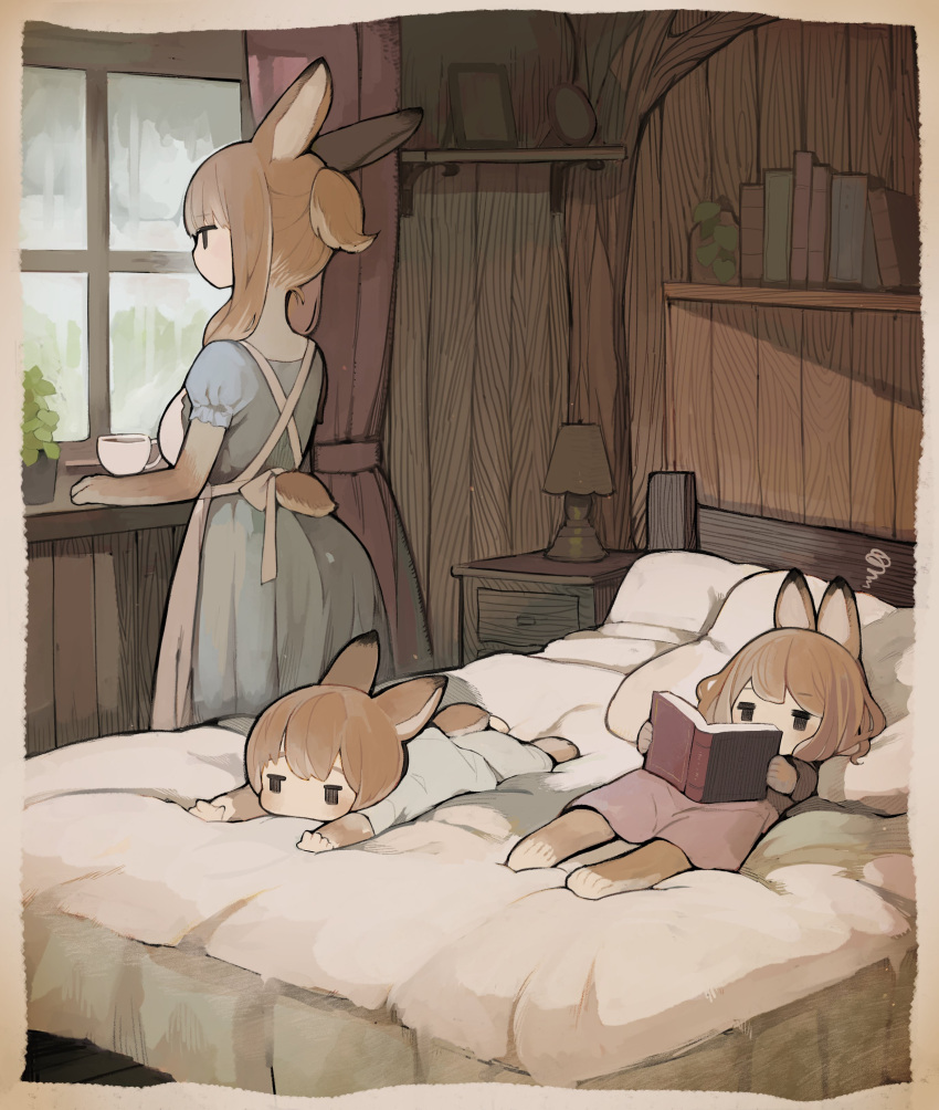 3girls absurdres animal_ears apron blue_dress book brown_hair bunny_tail child commentary cup dress fur headboard highres holding holding_book lamp long_hair looking_out_window lying multiple_girls on_back on_bed on_stomach original pillow plant potted_plant rabbit_ears rabbit_girl sakutake_(ue3sayu) shelf short_ponytail tail teacup white_apron window windowsill